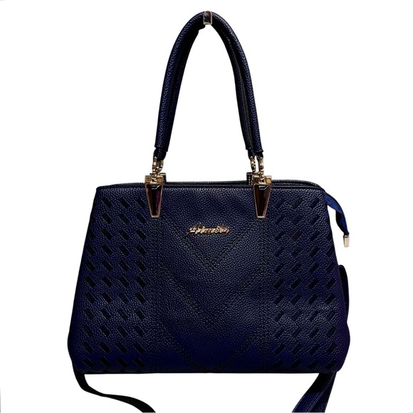 Aimily | Blue Faux Leather Embroidered Structured Satchel with Crossbody Strap - Picture 1 of 7